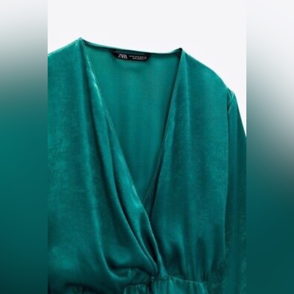 ZARA SATIN EFFECT MIDI TEAL DRESS - Picture 3 of 5